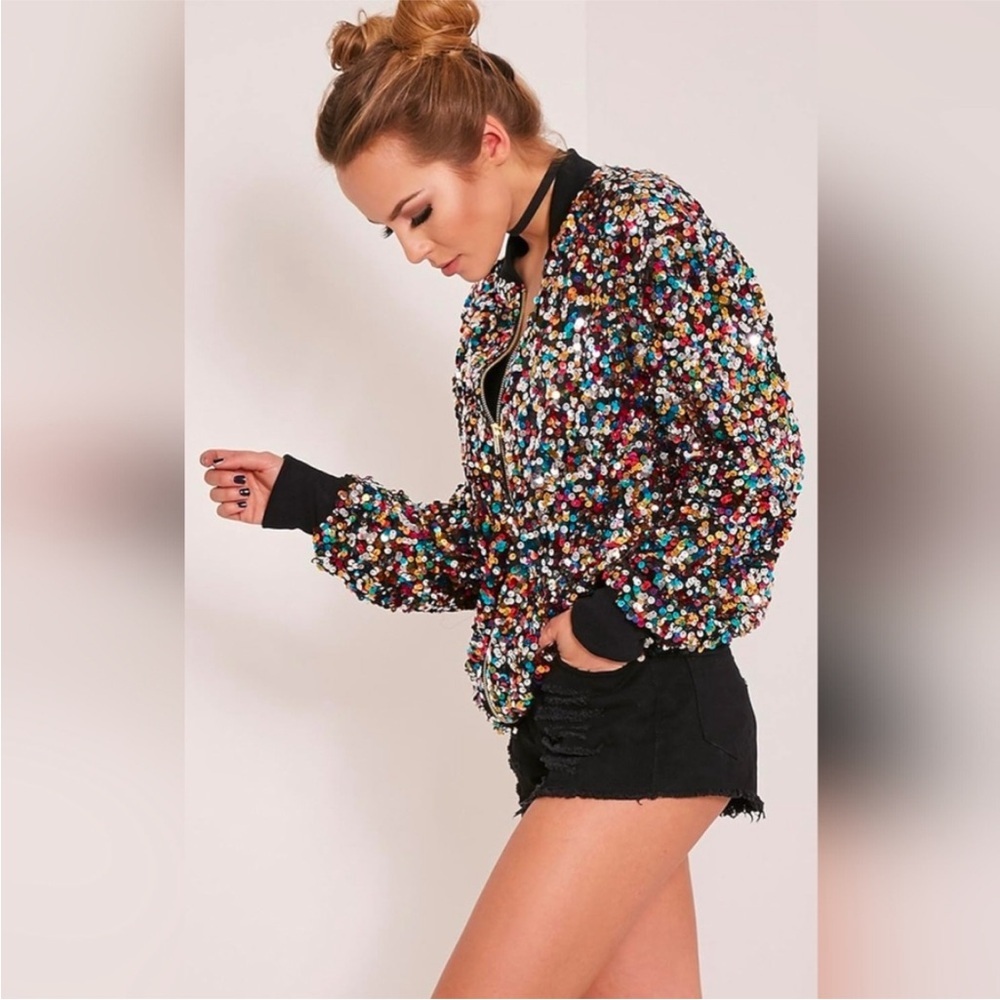 Cresay Multicolor & Silver Sequin Ribbed Trim Zip Front Bomber Jacket NWT - Picture 2 of 9